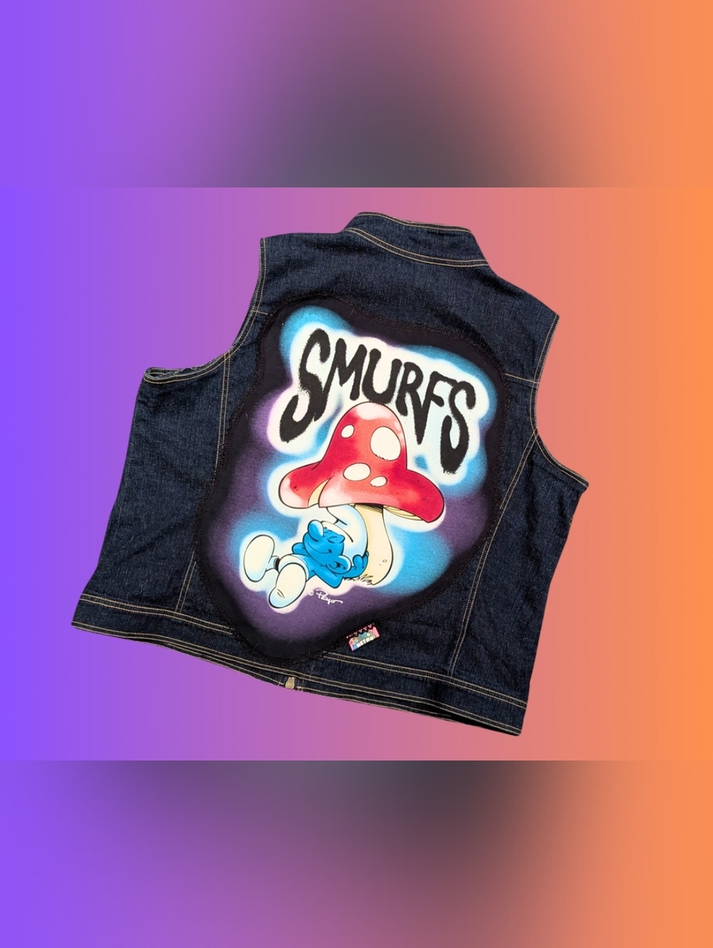 Handmade, Upcycled The Smurfs Denim Jacket/Vest Size XL